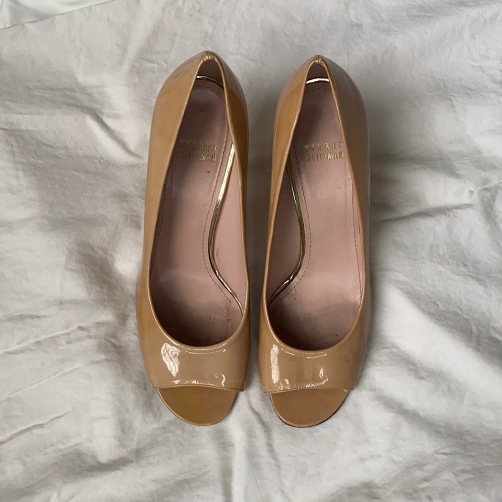 Stuart Weitzman Open Toe Tan Patent Pump